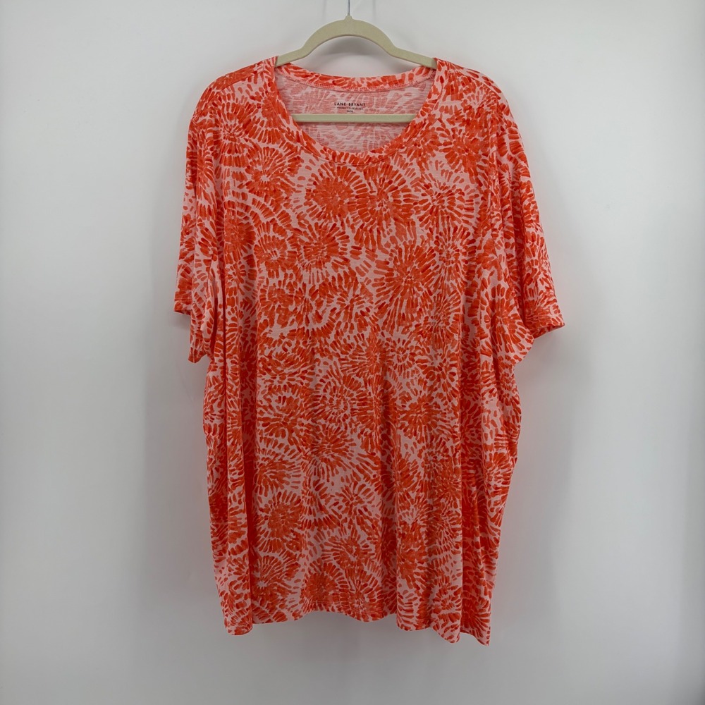 Lane Bryant Womens 26/28 Orange Pink Abstract Perfect Sleeve Tee Slub Knit Top